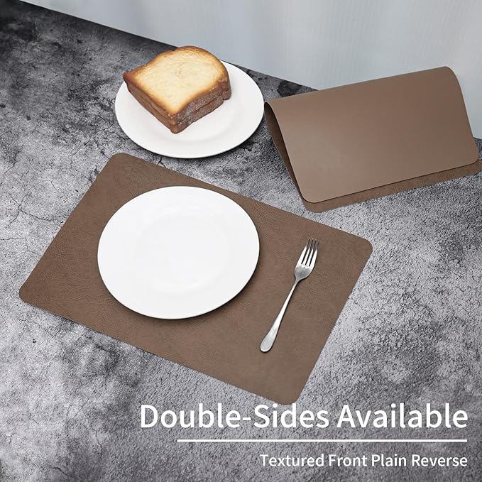 EDanle Cowhide Pattern Faux Leather Placemats Set of 6,Heat Resistant Non-Slip Waterproof Wipeable Washable Kitchen Dining PU Table Place Mats,Double-Sides Available,Dark Brown