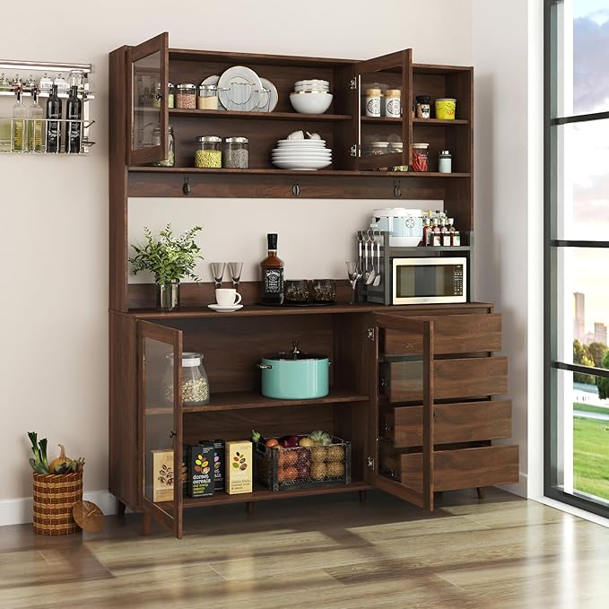 63" W Large Kitchen Hutch Cabinet, Freestanding Pantry Storage Cabinet with Hutch, 4 Doors 4 Drawers & Microwave Shelf, Buffet Sideboard Cupboard for Dining Room Kitchenette, Walnut