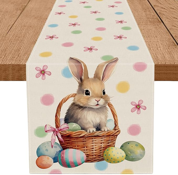 QIONG MENG Easter Table Runner Bunny Eggs Basket Flowers Burlap Table Decoration Spring Holiday Home Party Kitchen Dining Table Supplies 13x48 Inch