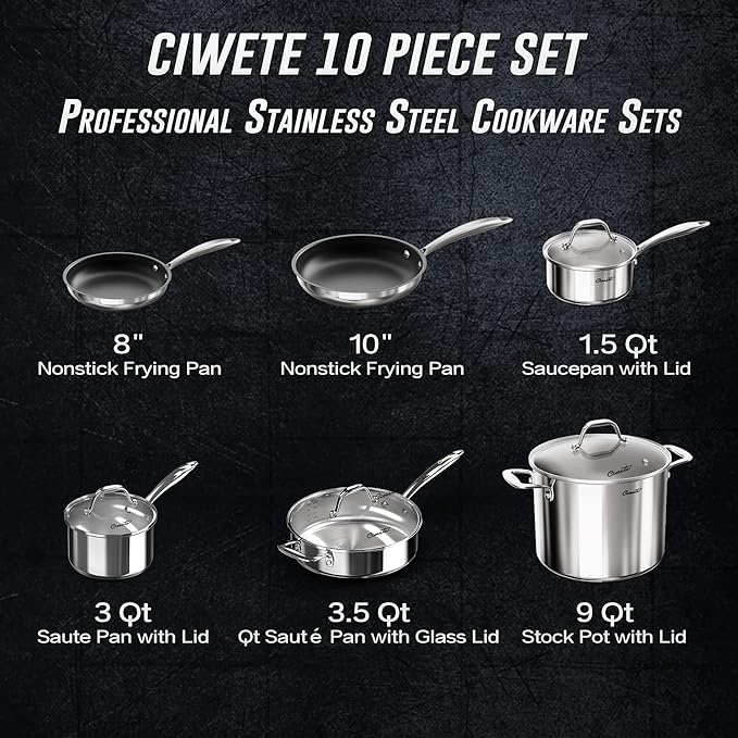 Stainless Steel Pots and Pans Set 10 Piece, Kitchen Cookware Set with Nonstick Frying Pans and Glass Lids, Induction Cookware Set, Including 2 Saucepans, Saut챕 pan, 2 Frying Pans, Stock Pot