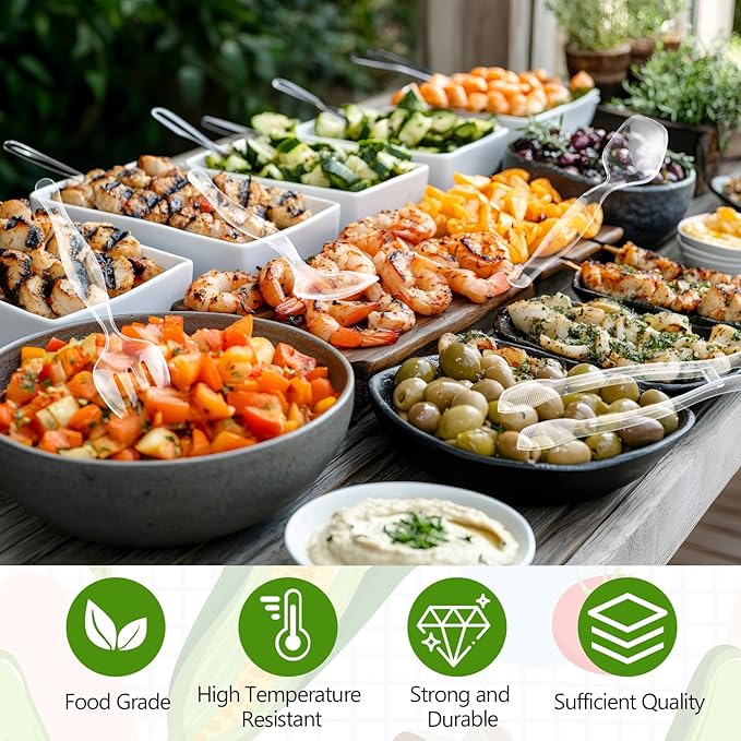 Vesici 24 Sets /72 Pcs 9'' Large Plastic Serving Utensils Set for Buffet, Clear Disposable Serving Utensils Heavy Duty Spoons Forks Tongs Catering Supplies for Christmas Wedding Birthday Party
