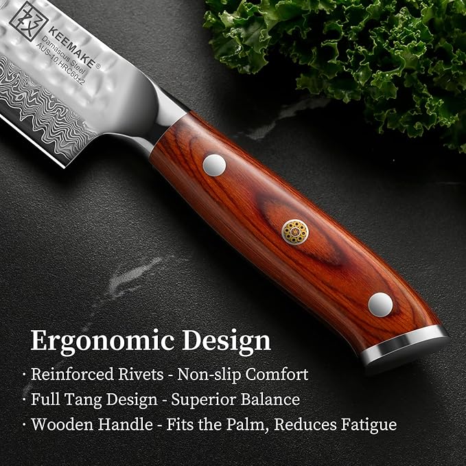 KEEMAKE Kiritsuke Chef Knife 8 Inch, Damascus Kitchen Knife Professional Gyuto Knives, Ultra Sharp Cooking Knives with Ergonomic Pakkawood Handle & Ash Sheath