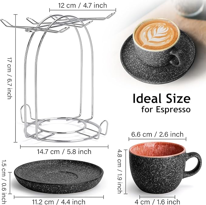 MIAMIO ??2.7 Oz Ceramic Stackable Espresso Cups with Saucers and Metal Stand, Set of 6 Espresso Cup, Demitasse Cups, Coffee Mugs for Espresso, Latte, Caf챕 Mocha & Tea ??Las Palmitas Collection