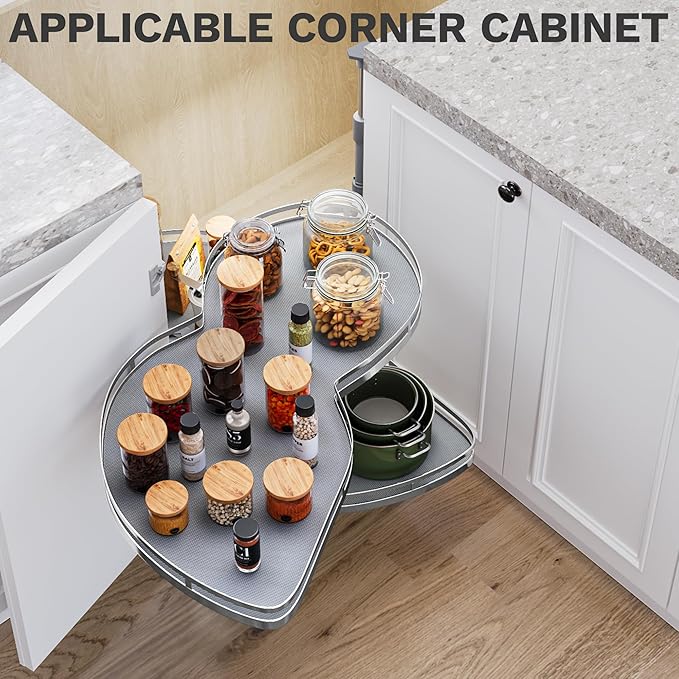DWVO Corner Cabinet Organizer, 2-Tier Blind Corner Pull Out with 270째 Rotating Shelf, Left Swing Tray, Heavy-Duty Iron, Easy-Install Template, 32.7"x17.3"x21.3", Gray