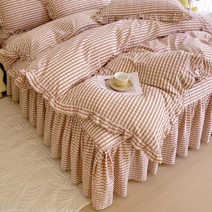 LifeTB Pink Gingham Comforter Set Full Ruffle Pink Plaid Comforter Set 3 Pieces Grid Checkered Pattern Comforter with 2 Pillowcases Fluffy Boho Farmhouse Gingham Bedding Comforter for All Seasons