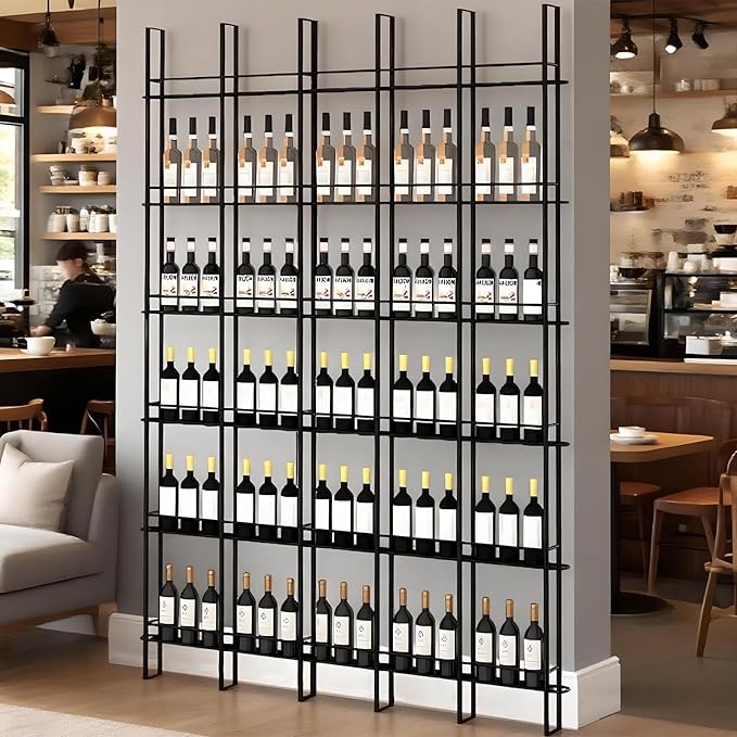 5 Columns Wine Rack Wall Mounted, 94.48in High Metal Wine Bottle Holder, Floor to Ceiling Wine Storage竊똗se as One or Three, DIY Display, for Restaurant, Bar, Cellar (Black, 5 Columns)