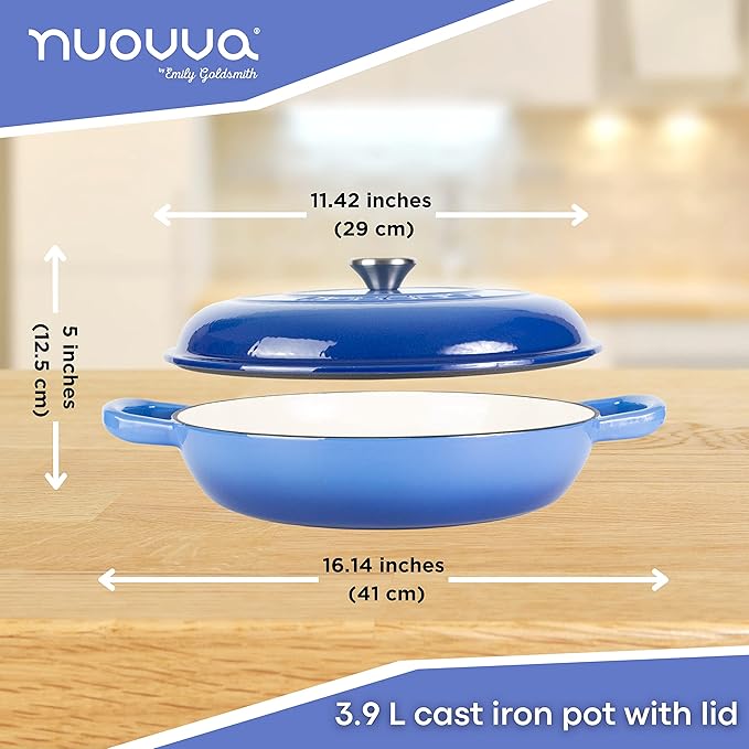 Cast Iron Dutch Oven with Lid ??Non Stick Shallow Dutch Oven Pot, Oven Safe up to 500째 F ??Sturdy Cooking Pot ??Enamelled Stockpot Cookware ??Dark Blue, 3.7-Quart, 30cm ??by Nuovva