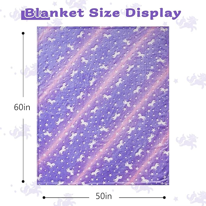QSTEHEML Unicorns Glow in The Dark Blanket for Girls,Unicorn Gifts for Girls Age 3 4 5 6 7 8 9 10 11 12 Year Old, Soft Unicorns Purple Blanket - Christmas Birthday Bedroom Decor 50"횞60"