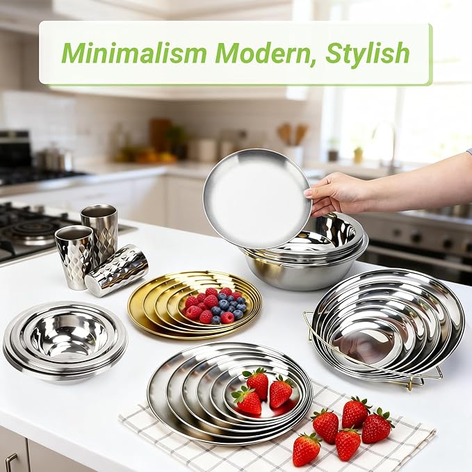 8 Stainless Steel Plates, 7.8 inch Small 201 Metal Camping Plate, Reusable Food Serving Dish Snack Eating Dishes Round Shatterproof Brushed Finish Silver Dish for Dinner Oven Dishwasher Safe