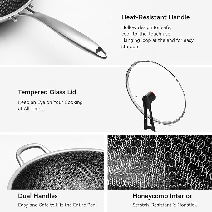 WANGYUANJI Upgraded Coating-Free 12.6" Stainless Steel Wok with Lid ??Enhanced Multi-Layer Steel, Flat-Bottom Stir-Fry Pan, Honeycomb Surface, Induction & Oven Safe