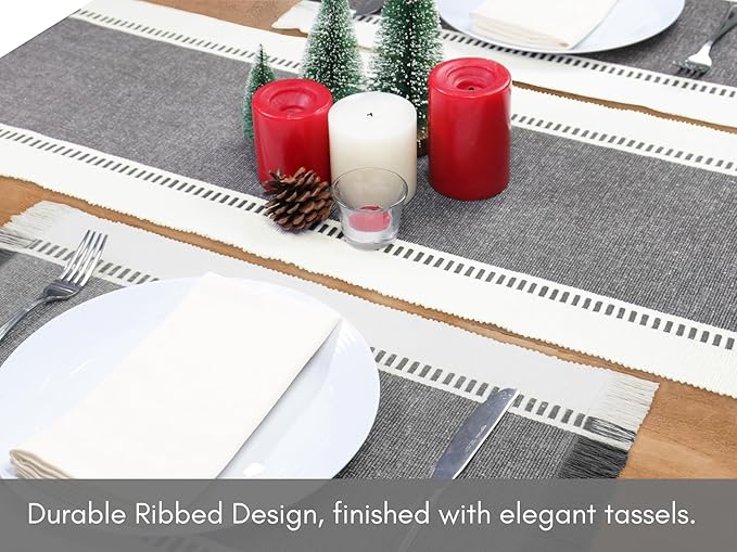 PurpleEssences Table Runner - Wide with Dobby Stripe, Heavy Ribbed Weave & Double Knot Fringes, 14x72 Inch (14x77.5 with Fringes) Farmhouse Decor -Christmas Holiday Winter - Mineral Gray and H.White