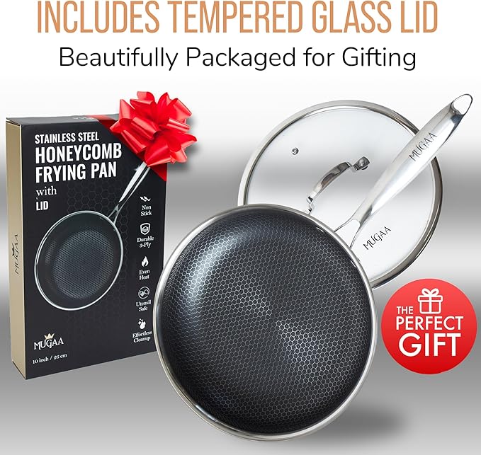 10??Non-Stick Stainless Steel Frying Pan with Lid | Honeycomb Hybrid Skillet for Induction, Gas & Electric Stovetops | Oven Safe, Dishwasher Safe | Premium Gift Packaging
