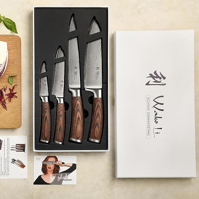 Wakoli EDIB 4-Piece Damascus Knife Block Set ??Professional Kitchen Knives with Magnetic Acacia Block, 67-Layer Damascus Steel Blades and Ergonomic Pakkawood Handles ??Premium Knife Set with Block