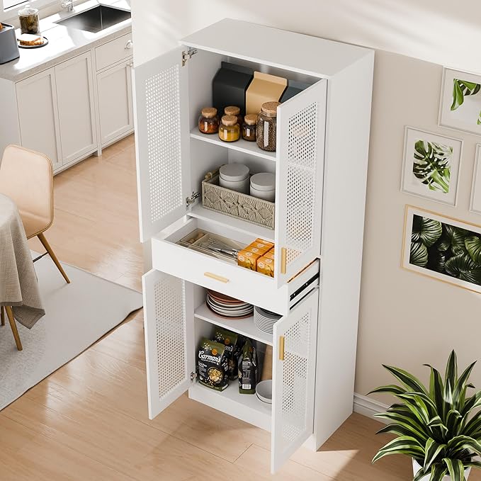 Cozy Castle Kitchen Pantry Cabinet, 71" Tall Rattan Doors Storage Cabinet with Large Drawer and Adjustable Shelves, Freestanding Rattan Pantry Cabinets for Kitchen, Dining Room, Living Room, White