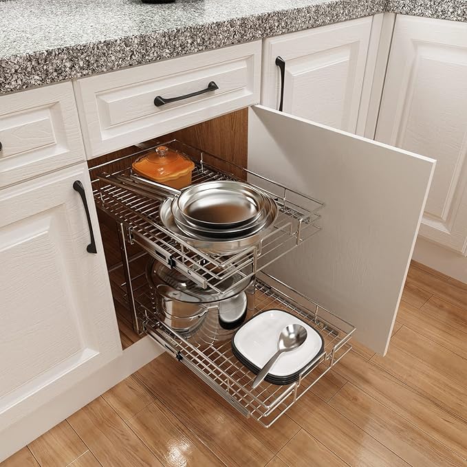 ROOMTEC Individual Pull Out Cabinet Organizer (15쩍" W x 21쩍" D), 2 Tier Spice Rack Organizer for Cabinet, Slide Out Drawer Pantry Shelf Organization and Storage for Kitchen Bathroom