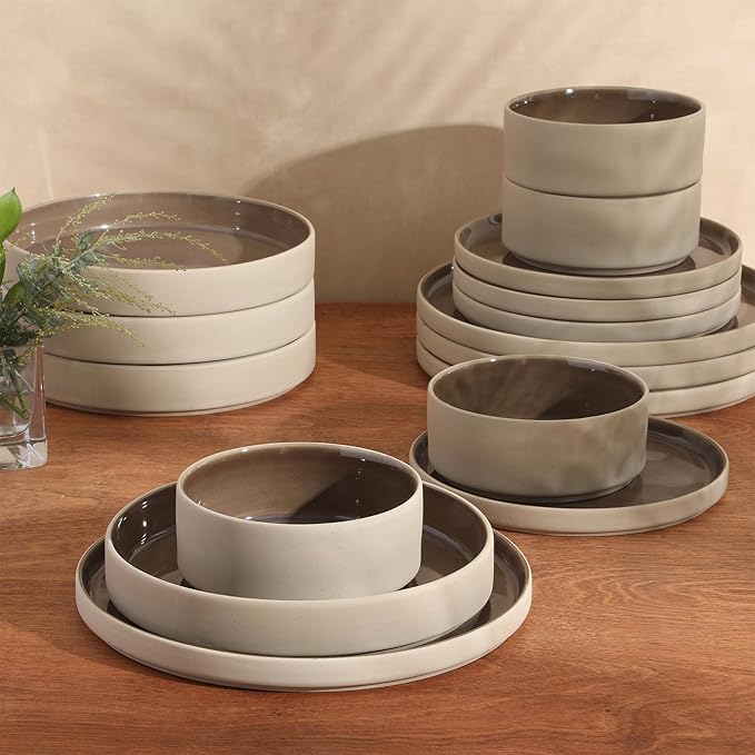 Gibson Elite Liberty Bay 16-Piece Pottery Clay Stoneware Dinnerware Set ??Mocha Brown Reactive Glaze, Stackable Plates and Bowls W/Pasta Bowl, Service for 4 ??Microwave & Dishwasher Safe