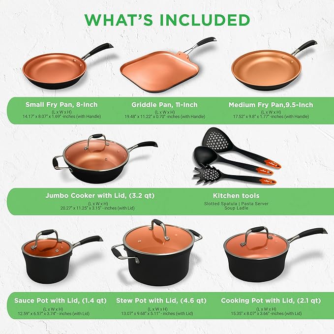 NutriChef 14-Piece Nonstick Kitchen Cookware Set ??PFOA/PFOS-Free, Copper/Hard-Anodized, Induction Compatible, Stackable, Luxury Design, Includes Pots, Pans, Jumbo Cooker, Griddle, and Utensils
