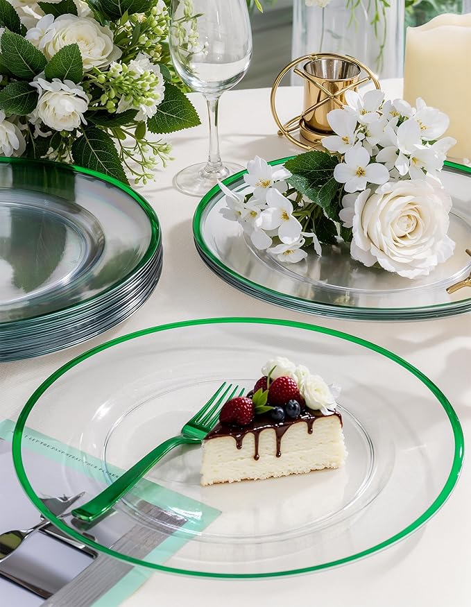 WDF 12 Inch Green Charger Plates - Charger Plates Bulk - 25Pack Plastic Clear and Green Charge Plate Perfect for Dinner/Wedding/Party/St. Patrick's Day