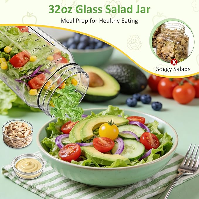 4Pack Glass Salad Jars with Lids, 32oz Salads Mason Jars with Wet/Dry Separation Cup, Meal Prep Salad Containers for Lunch, Leakproof Wide Mouth Food Storage Containers, BPA-Free Reusable (Mint Green)