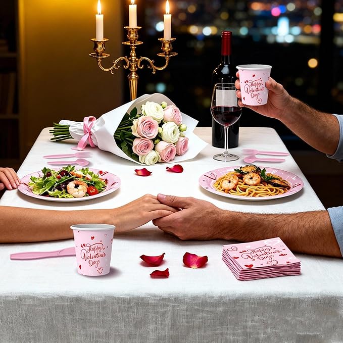 Valentines Day Tableware Set Sweet Heart Dinnerware Pack with Paper Plates, Cups, Napkin, Knives, Forks, Spoons - Valentine?셲 Day Party Supplies for Wedding,Anniversary, Birthday,Gatherings,Serves 16