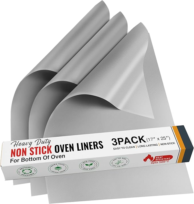 Non Stick Oven Liners for Bottom of Oven, 3 Pack Large Heavy Duty Mats, 17??x 25??BPA and PFOA Free Reusable Mat for Toaster Electric Gas Stove Microwave Charcoal or Gas Grills (Silver)