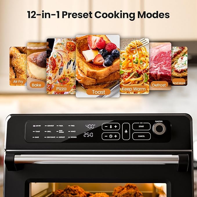Kismile 25QT Air Fryer Toaster Oven Combo, 12-in-1 Large Countertop Convection Airfryer Oven, 70??50?? Bake, Roast, Reheat, Broil, Fits 12??Pizza, Includes Full Accessories, Stainless Steel(Black)