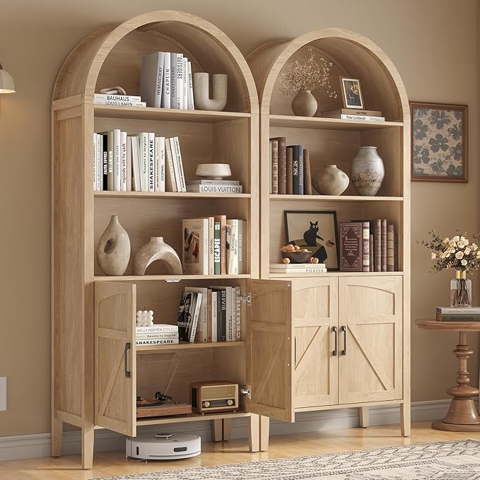 ONBRILL 71" Tall Arched Bookshelf, 5-Tier Arched Bookcase with Door & Storage Cabinet, Farmhouse Display Bookshelf Cabinet with Adjustable Shelf, Freestanding Wood Bookcase for Home Office, Study