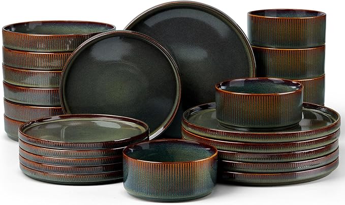 LIANYU Dinnerware Sets with Pasta Bowls, 24 Piece Ribbed Dinnerware Plates and Bowls Set for 6, Elegant Modern Stoneware Dishes Set for Kitchen Dining, Microwave and Dishwasher Safe, Jungle Green