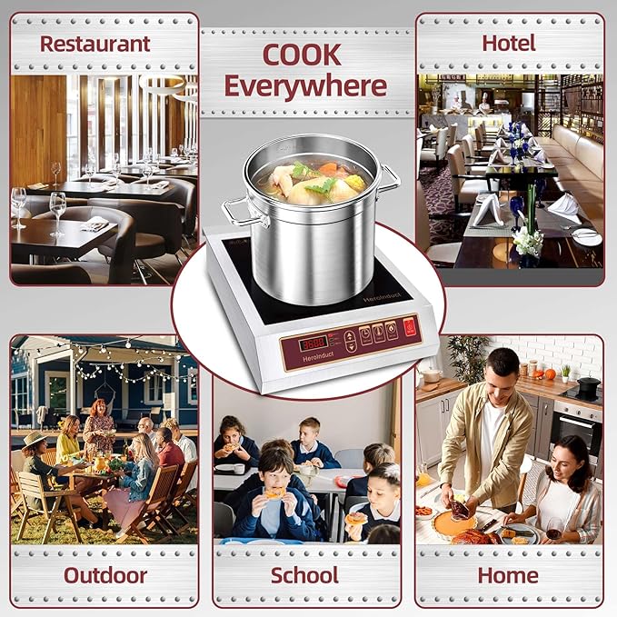 Induction Cooktop 208-240V 3500W Commercial Range Induction Burner Dual IGBT Modules 8 Heating Level Sensor Push-Button Premium Stainless Steel Housing Crystal Glass Electric Cooktop（Red）