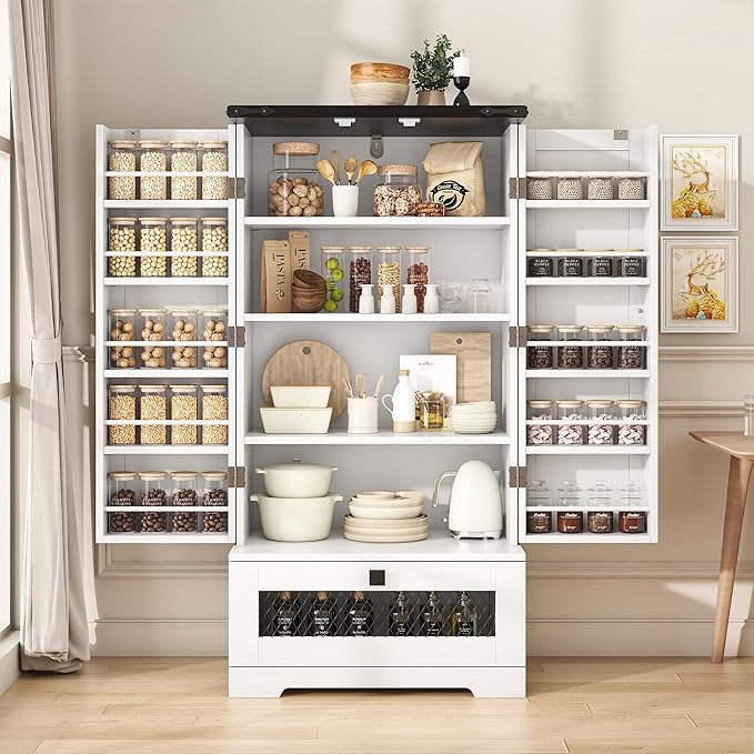 47" Kitchen Pantry Storage Cabinet White Tall Storage Cabinet with Doors, Adjustable Shelves, and Drawer Farmhouse Cupboard for Kitchen, Dining Room, Bathroom 16" D x 24" W x 47"