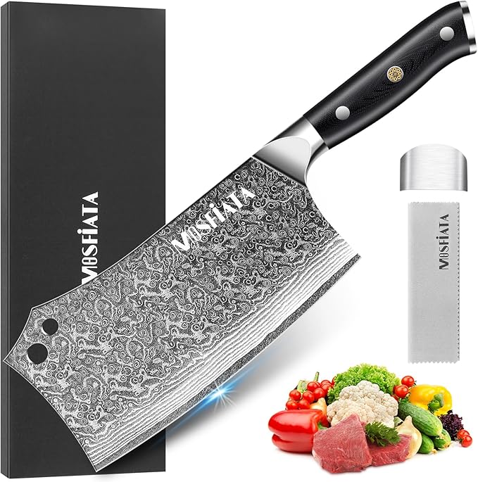 MOSFiATA Damascus 7??Cleaver Knife竊똗ltra Sharp Vegetable and Meat Butcher Knife with Finger Guard for Home Kitchen and Restaurant
