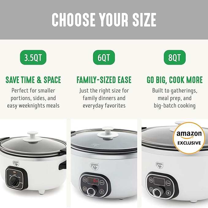 GreenLife 3.5QT Slow Cooker, PFAS-Free Non-Toxic Ceramic Nonstick Removable Interior Bowl, Programmable, Keep Warm, Stovetop & Oven Safe Pot, Dishwasher Safe Crock & Glass Lid, White