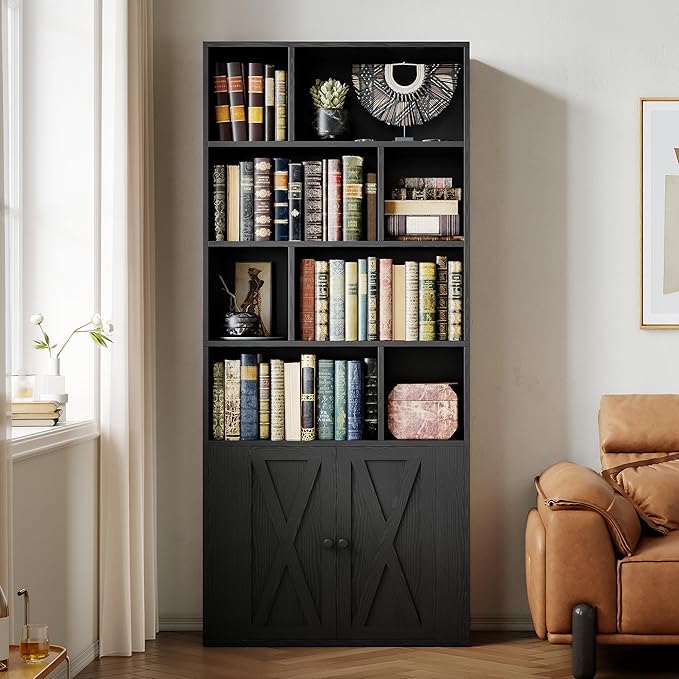 IRONCK Bookcase with Doors, Tall Bookshelf with Storage, Bookshelves and Bookcases with 8 Open Cubes for Living Room, Bedroom, Office
