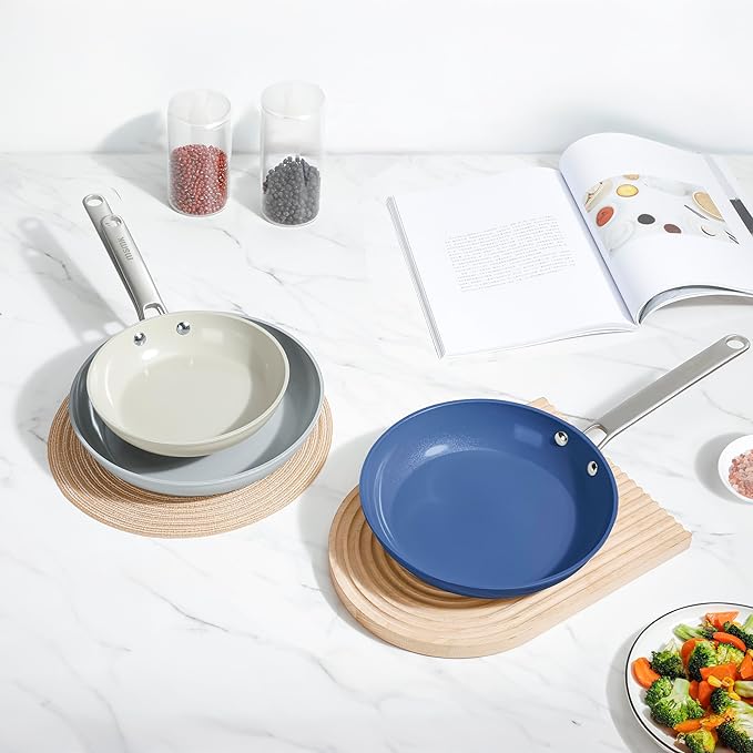 MsMk 5-Piece Ceramic Non Stick Pans Set 8, 10, 12 Inch Frying Pans, 10inch and 12 Inch with Tempered Glass Lids, Stay-Cool Handles, Oven Safe 700?? Compatible with All Cooktops