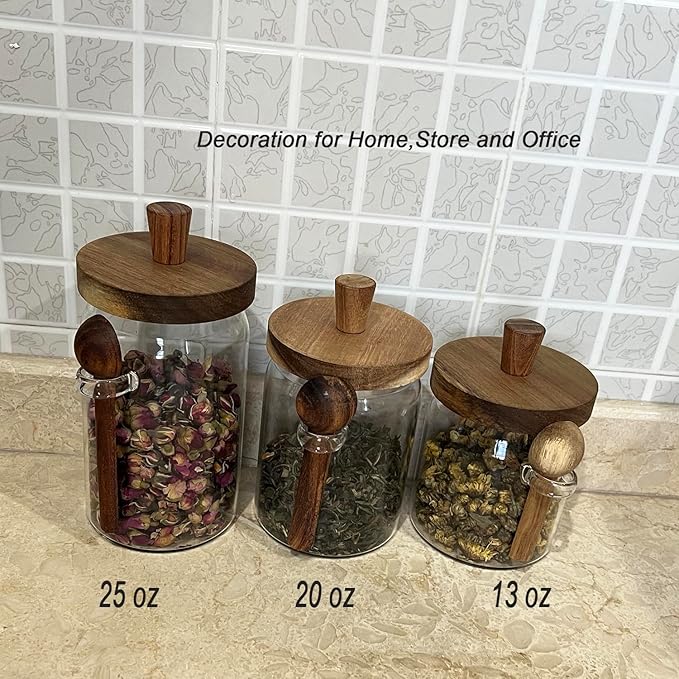 Glass Jars with Brown Wooden Lids and Scoop, Airtight Food Storage Containers with Tray for Sugar Coffee Bean Candy Spice (2, Brown, 25 oz)