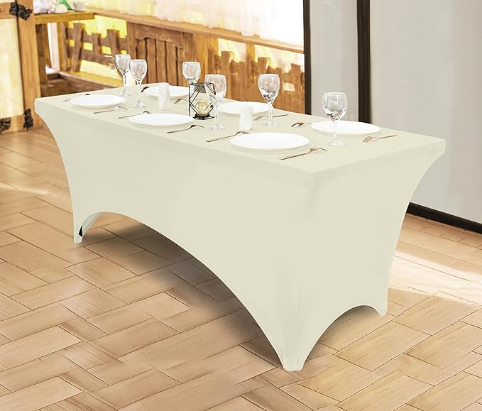 Utopia Kitchen 6FT Spandex Tablecloth [1 Pack, Ivory] 200 GSM Stretch, Fitted, Washable and Wrinkle Resistant Table Cloth Rectangle Cover for Trade Shows, Wedding, Parties [72Lx30Wx30H Inch]