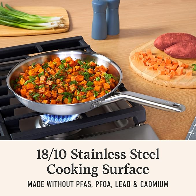 Calphalon Premier Brushed 5-Ply Stainless Steel Cookware w/Turbo Heat Tech 10" Fry Pan, Induction, Oven Safe 450F, Silver