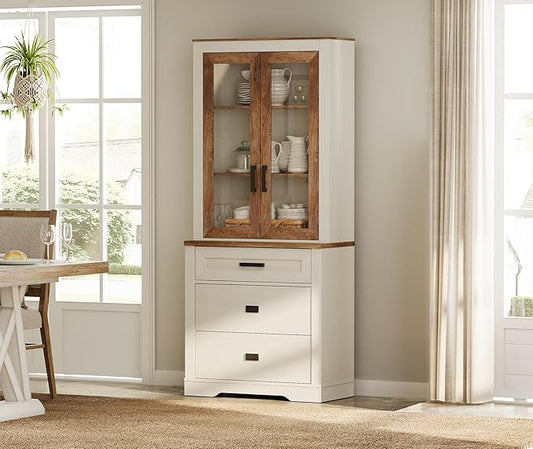 WAMPAT 3 Tier Pantry Cabinet with Drawer,73.3" Tall Floor Standing Cupboard,Modern Farmhouse Display Kitchen Buffet with Adjustable Shelves and Glass Door for Dining Room,Living Room,White Oak