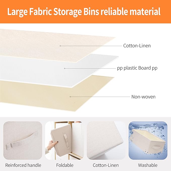 Linen Folding Storage Bins, 3 Pack Large Storage Baskets, Washable, Clothing Storage Bins with Handle, Closet Organizer for Storage Sweater,Sheets(Beige, 18쩍"x11" x8쩍")