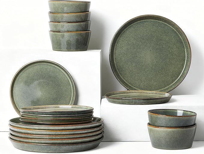 Dinnerware Sets, Microwave Safe Plates and Bowls Sets, Dishes Set for 6, Chip & Scratch Resistant Dinner Set, Hand Glazed Farmhouse Dishware Sets, Green Wheat