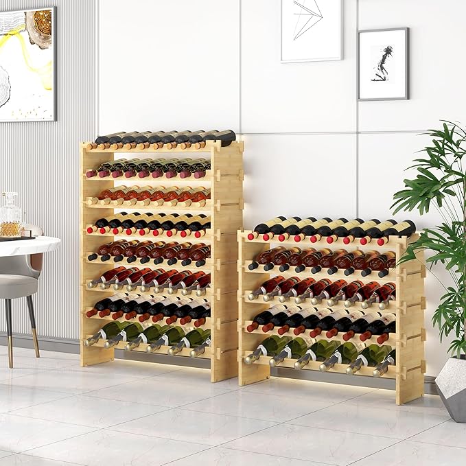 Wine Rack Freestanding Floor Bamboo Stackable Wine Storage Racks Wall Mounted, Modular Wine Bottle Stand Holder Display Shelf for Cabinet, Kitchen, Bar (Nature)