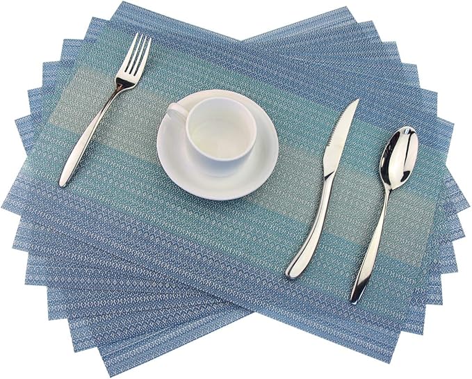 PIGCHCY Placemat,Washable Woven Non-Slip Insulation Durable Placemat Vinyl Table Mat Set of 6 (6pcs Placemats, Coastal Blue)