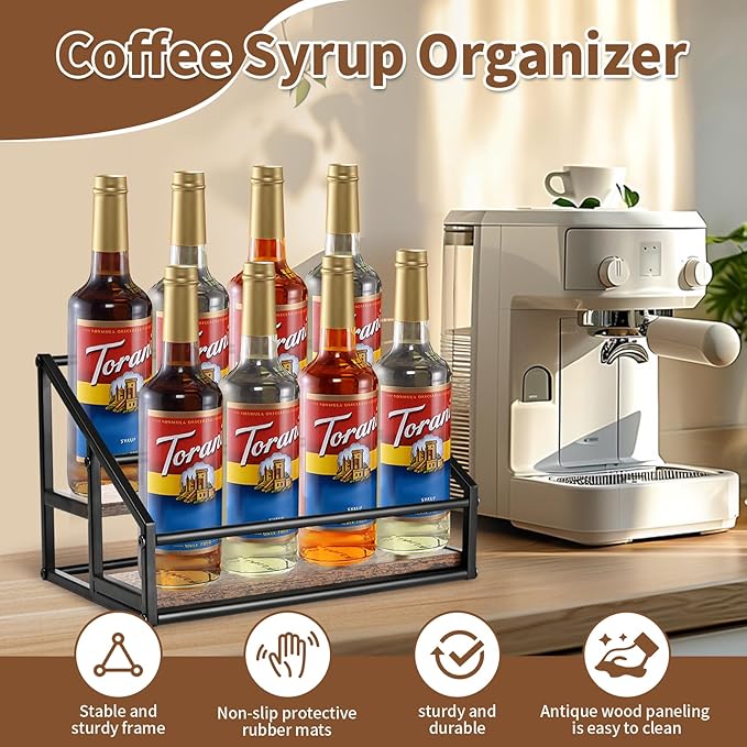 2-Tier Coffee Syrup Organizer - 8 Bottle Rack for Coffee Bar, Kitchen Station - Stand and Holder for Syrup, Wine, Dressing