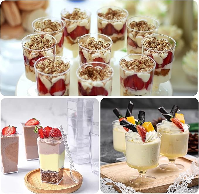 ALEXPRE 240 Packs 2/3 oz Mini Dessert Cups with Spoons, Square/Round/Round Goblet Clear Dessert Parfait Cups, Mini Plastic Dessert Cups Small Reusable Fruit Ice Cream Pudding Appetizer Cup Bowls