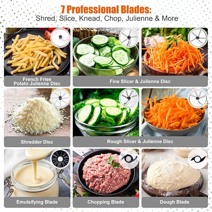 Homtone 16 Cup Food Processor Large, 9 Functions 7 Blades 3 Speeds for Shredding, Slicing, Making French Fries, Chopping Meat, Kneading Dough & Emulsifying, 600W (16 Cup-7 Blades)