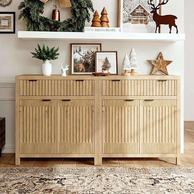 FLOWBACK 64'' Fluted Buffet Cabinet with Storage竊똋arge 62''W Sideboard Cabinet Modern Credenza with Fluted Doors & Shelves Farmhouse Coffee Bar Media Console Accent Cabinets for Living Room, Entryway