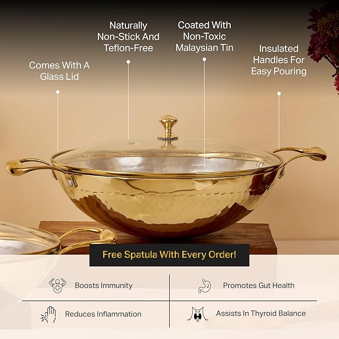 P-TAL Brass Kadhai 3L with Insulated Heat-Resistant Handle and Glass Lid | 100% Pure Brass Tin Coated Kadai for Cooking | Non-Stick and Chemical-Free (Free 30ml Copper & Brass Cleaning Solution)