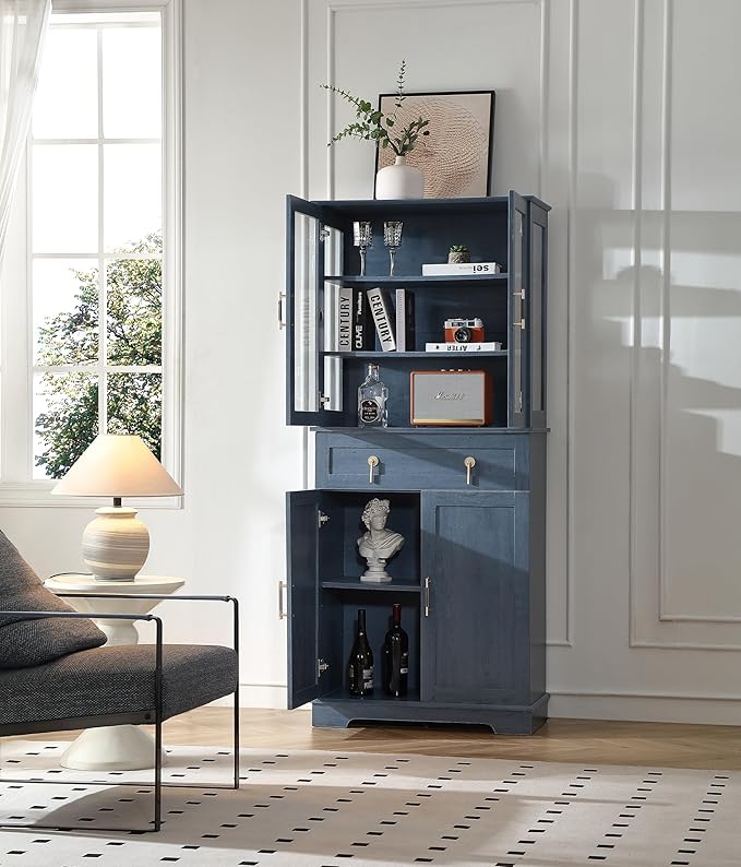 71'' Tall Pantry with Great Showcase&Storage, Pantry Cabinet with Glass Doors for Display,Removable and Adjustable Shelves for conveninet Storage, for Kitchen, Blue