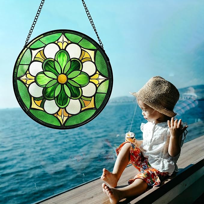 Stained Glass Window Hanging Boho Green Flower 9.8" - Suncatcher Door Garden Sun Catcher Ireland Decor Birthday Mother's St. Ripack's Day Gift for Woman Mom Men Friend Nana Wife Aunt