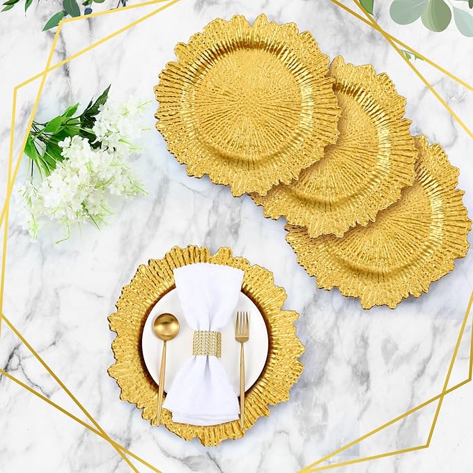 Tanlade 100 Pcs Reef Charger Plates Bulk 13 Inch Plastic Wedding Chargers Floral Decorative Plates with Metallic Ruffled Rim for Wedding Party, Holiday Event Supplies(Gold)